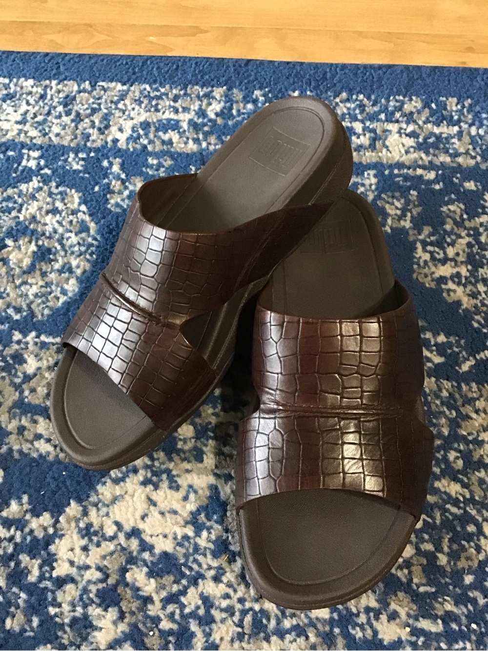 Fitflop Men's Croc-Embossed Leather Slide Sandals in Dark Brown
